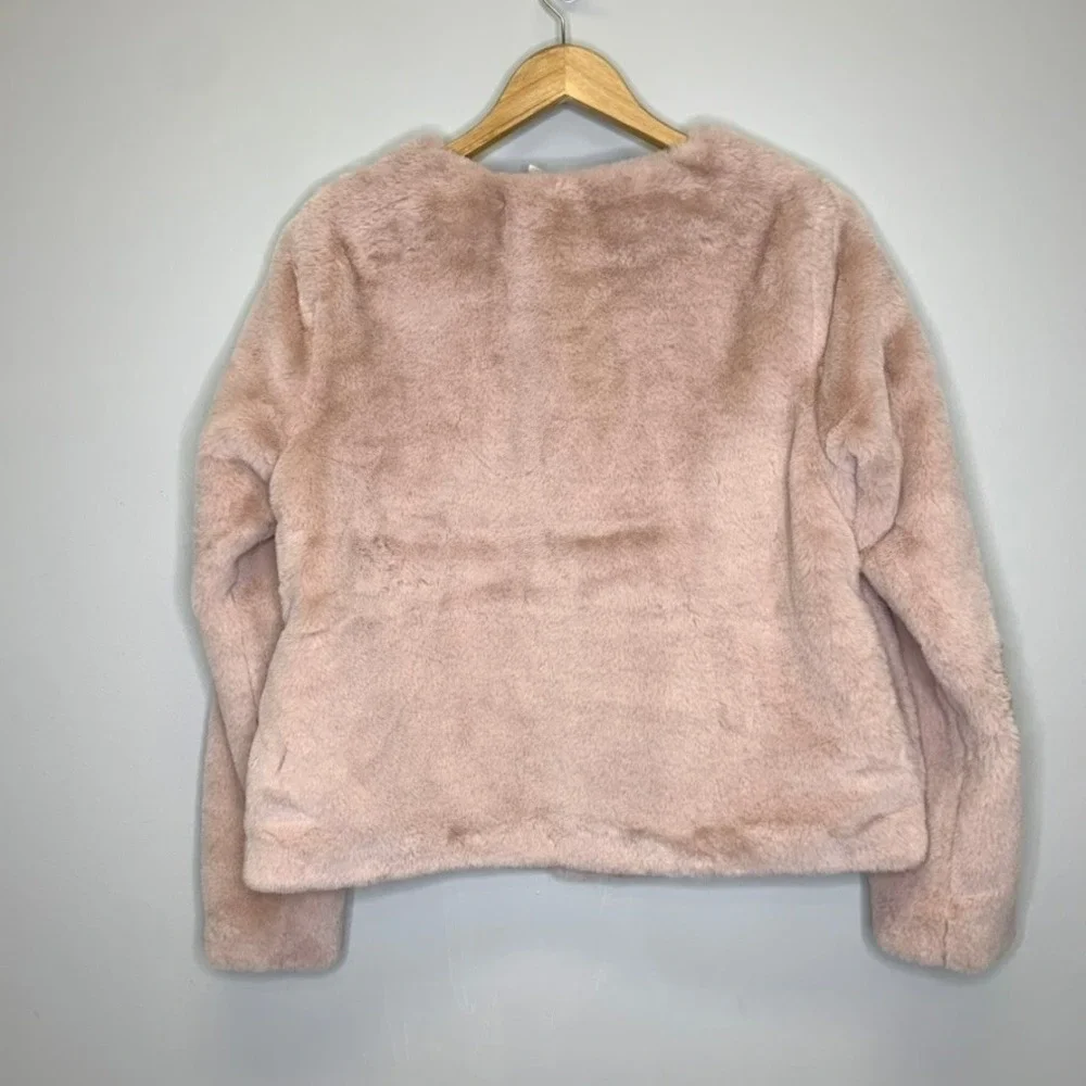 H&M Womens Blush Pink Faux Fur Jacket Medium Collarless Plush Hook Eye‎ Coat M